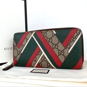 AUTH GUCCI GG Supreme Red Green Stripe Zip Long Wallet